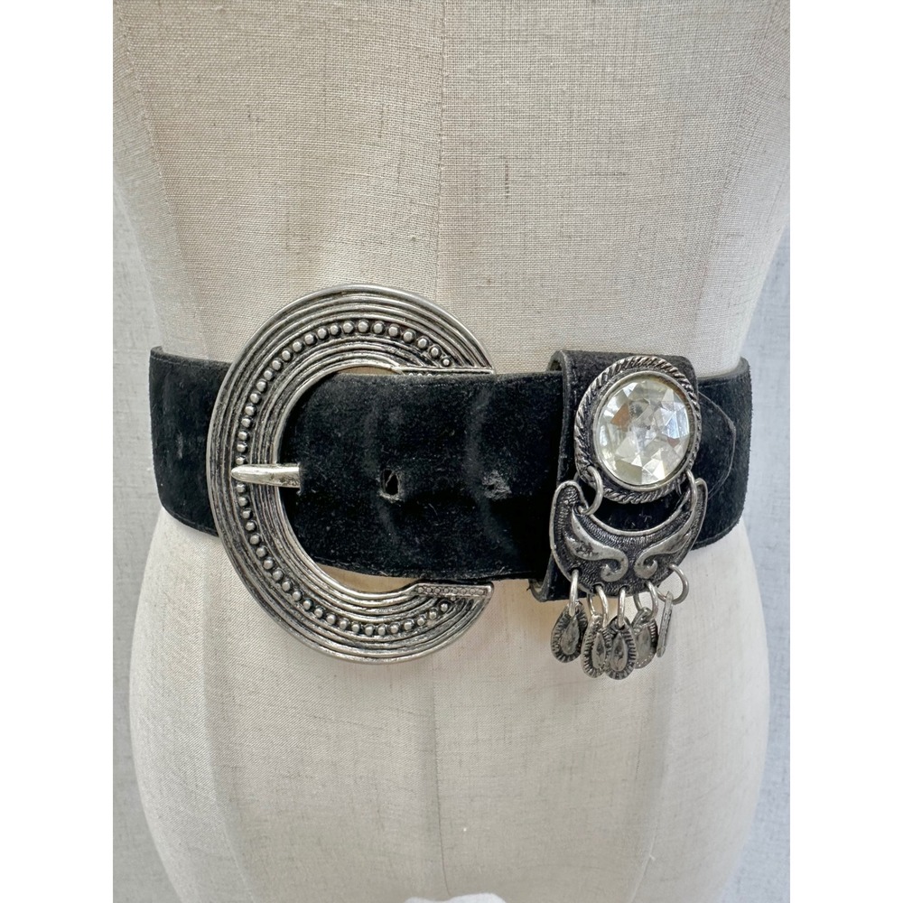 Vintage 90s Black‎ Suede Boho Belt Silver Crescent Buckle Crystal Detail Gypsy